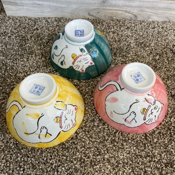 Porcelain Chinese Rice Three Bowl HAPPY FAT CAT THEME 4.5 In - Picture 3 of 6